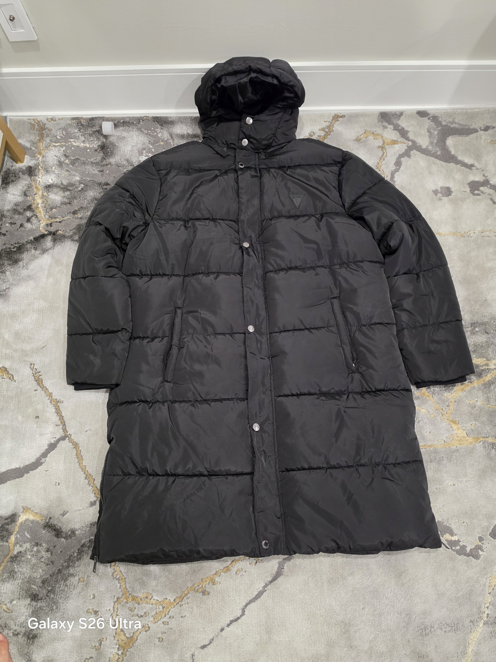 Guess Black Long Hooded Puffer Coat Unisex